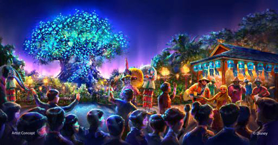This image captures other nighttime entertainment that will be in the parks as well, including live performers on Discovery Island.