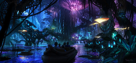Artist rendering of AVATAR-Themed Land at night, coming to Disney's Animal Kingdom at Walt Disney World Resort