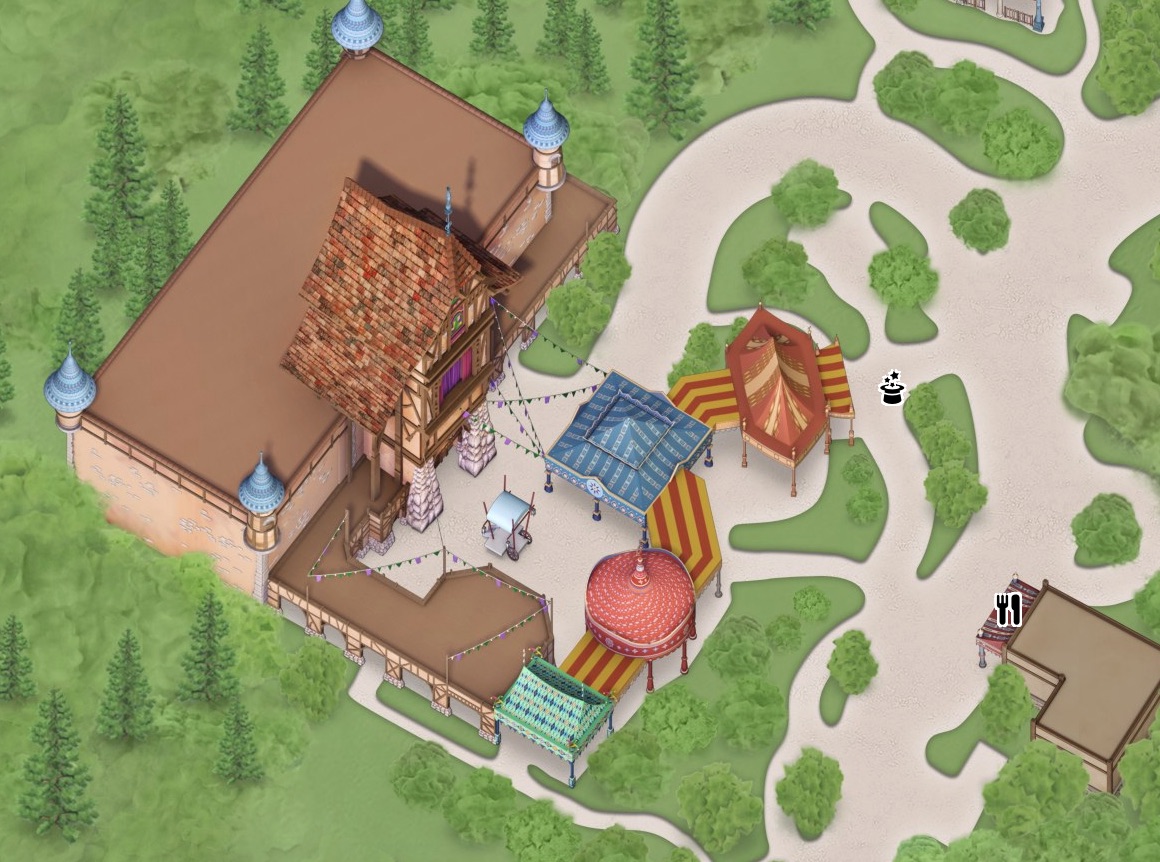 The small building on the right is Troubadour Tavern, a nice nod to the tavern of the same name at Magic Kingdom.
